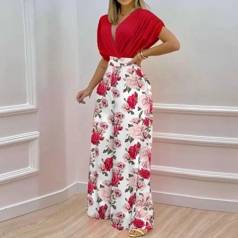 Women's Fashion Casual Temperament V-neck Print Wide Leg Pants