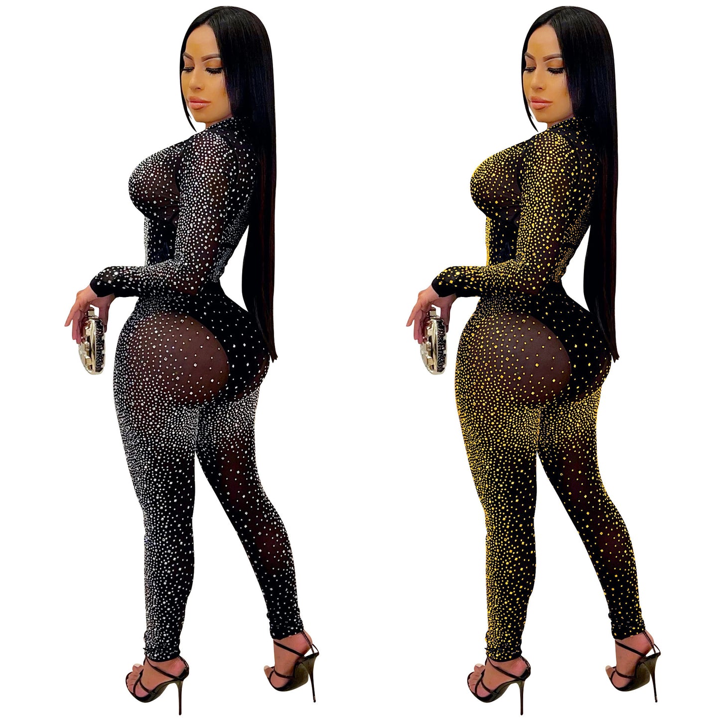 Women's Tight Mesh See-Through Long Sleeve Hot Drill Two Piece Pants Set