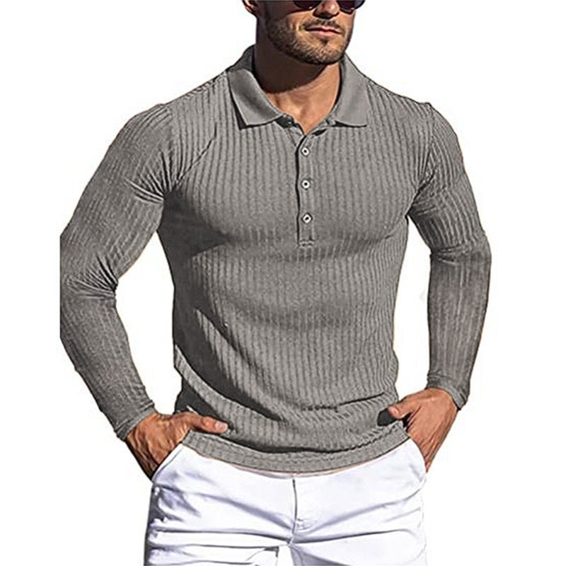 Men's Running Sports Fitness High Stretch Striped Long Sleeve POLO Shirt