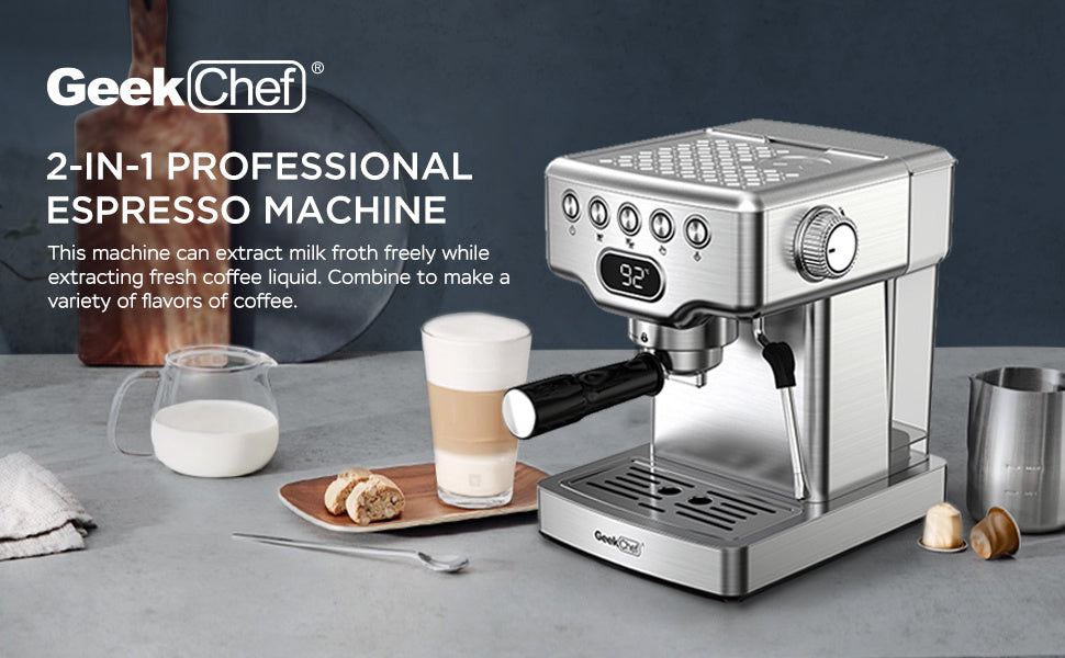 Geek Chef Espresso Machine, 20 Bar Espresso Machine With Milk Frother For Latte, Cappuccino, Macchiato, For Home Espresso Maker, 1.8L Water Tank, Stainless Steel, Ban On Amazon ShopWithASmile.com
