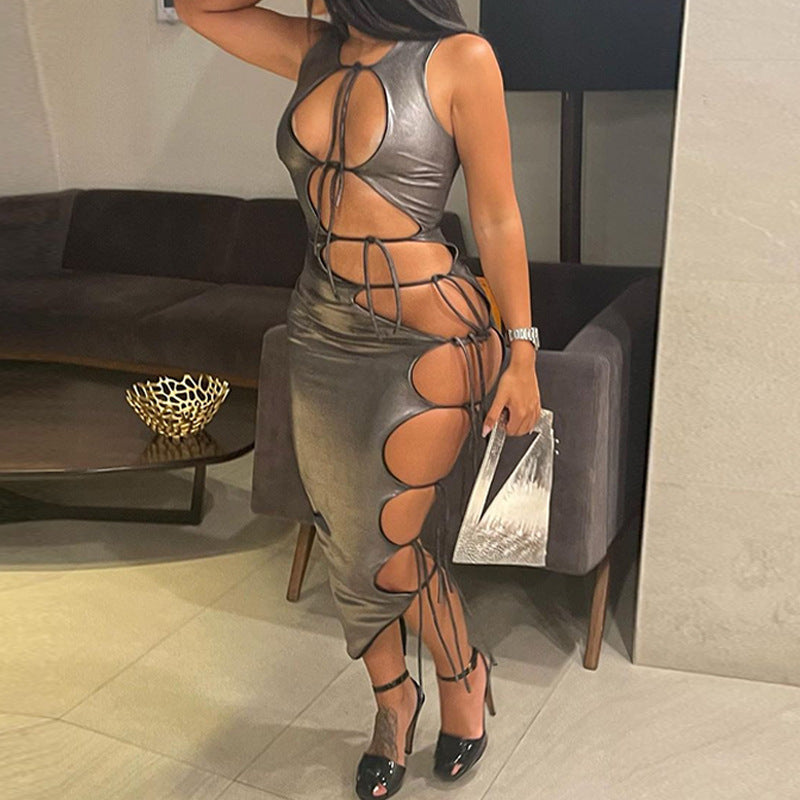 Women's Fashion Hollow Lace-up Solid Color Sleeveless Dress