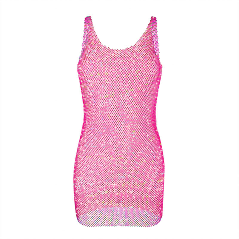 Women's Light Diamond Fishnet Sequined Sexy Hollow-out Camisole Dress