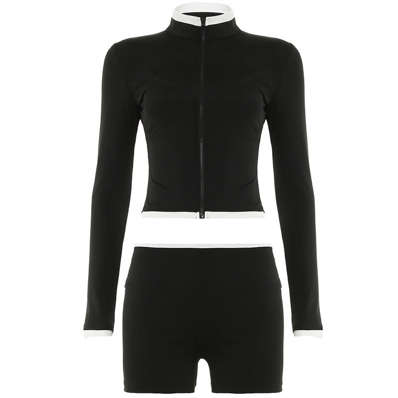 American Street Workout Clothes Suit Zipper Cardigan Long Sleeve Top Suspender Shorts ShopWithASmile.com