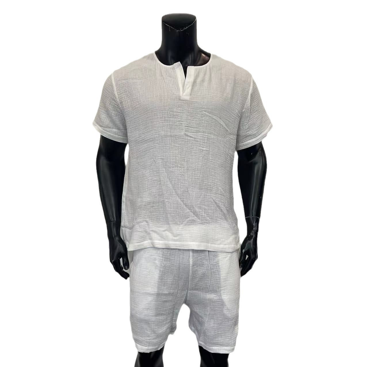 Summer Loose Casual Solid Color And V-neck Short Sleeve Shirt Shorts Suit
