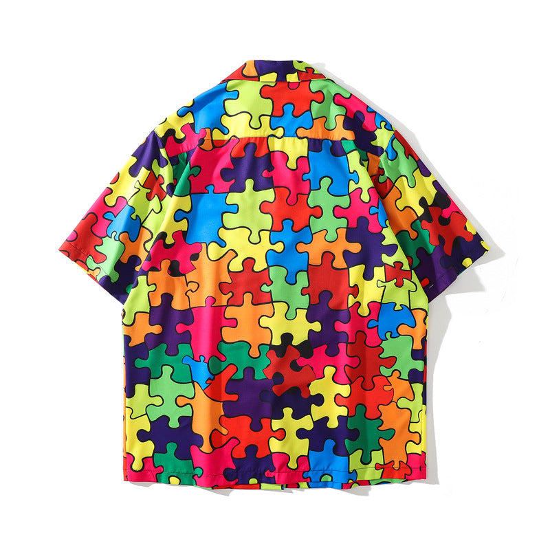 Retro Puzzle Color Print Short-sleeved Shirt