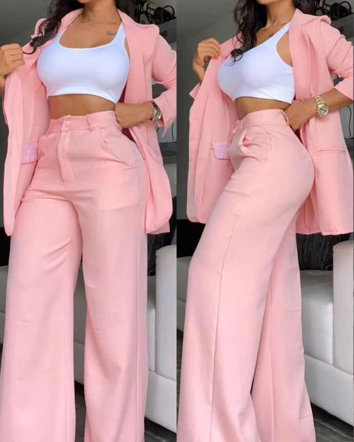 Plain Color Sleeve Lapel Suit Pocket Straight-leg Pants Suit ShopWithASmile7.com
