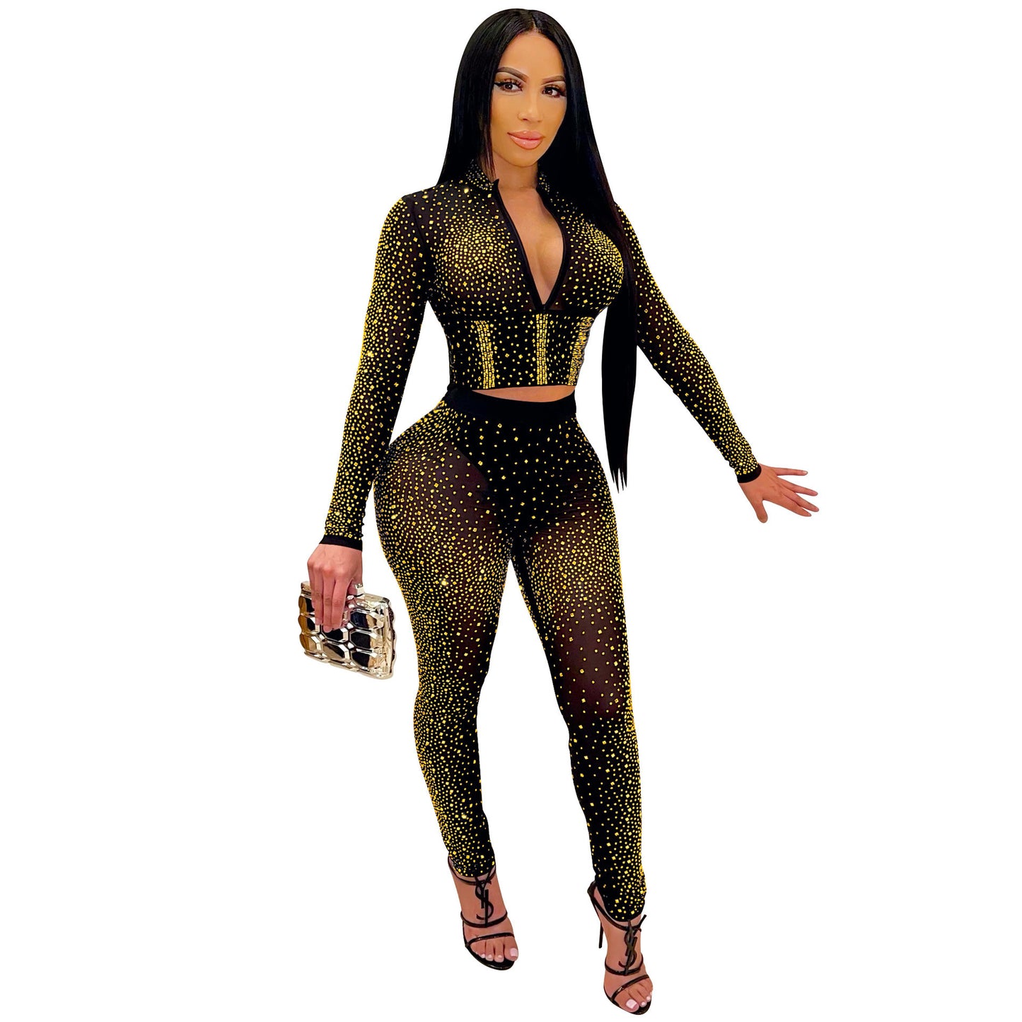 Women's Tight Mesh See-Through Long Sleeve Hot Drill Two Piece Pants Set