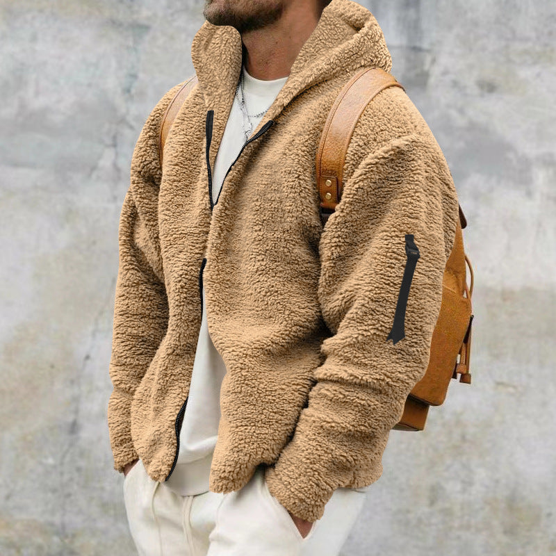 Plush Hooded Jacket Men's Autumn And Winter Fleece Double-sided Wear Warm Coat With Zipper Loose Casual Jacket Outdoor Clothing ShopWithASmile7.com