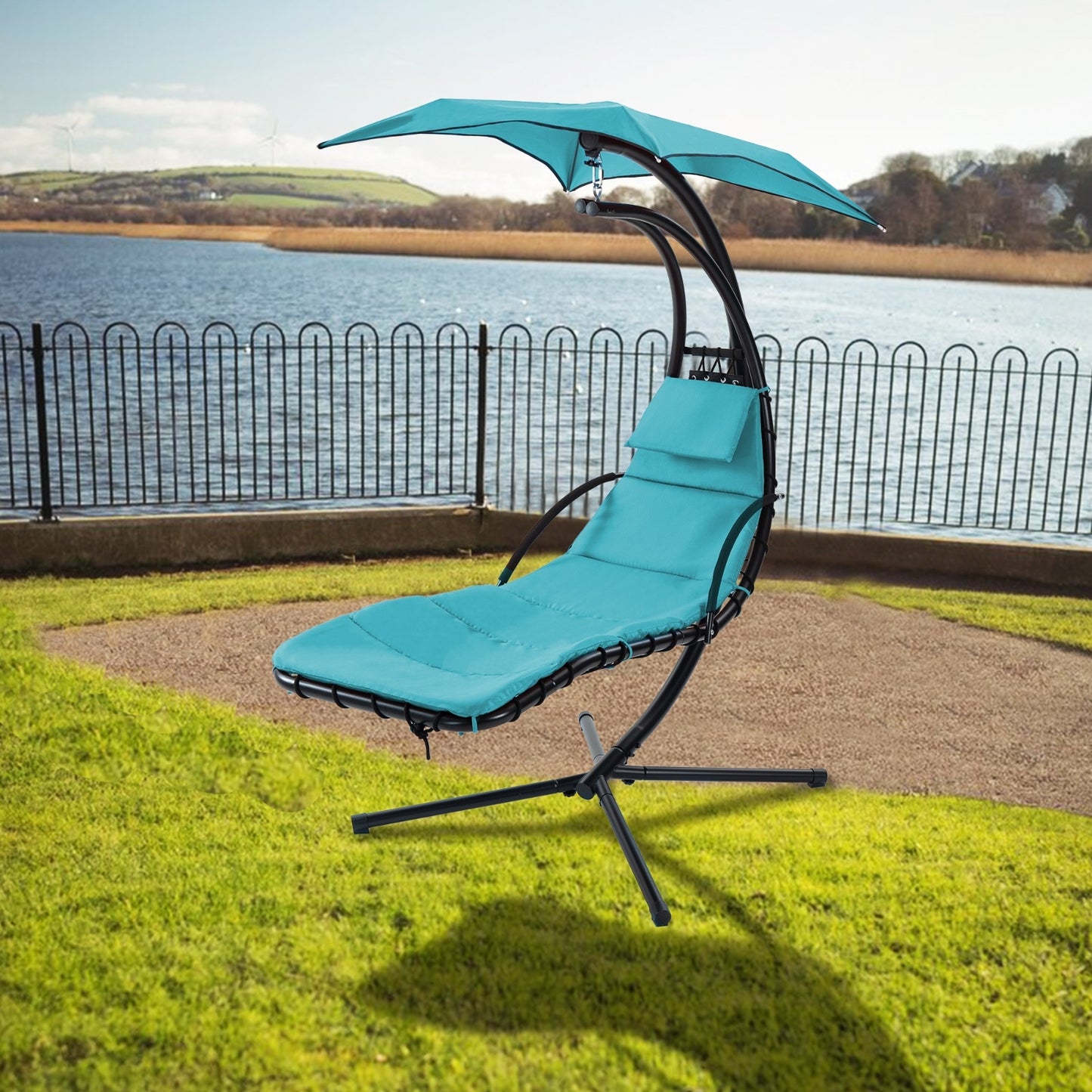 Hanging Chaise Lounger With Removable Canopy, Outdoor Swing Chair With Built-in Pillow, Hanging Curv