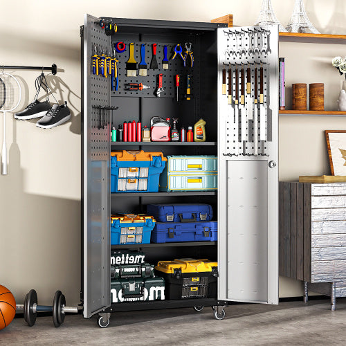 71 Metal Garage Storage Cabinet With Wheels - Heavy-Duty Tool Storage Cabinet For Home, Office, School, And Garage Organization, Black Gray