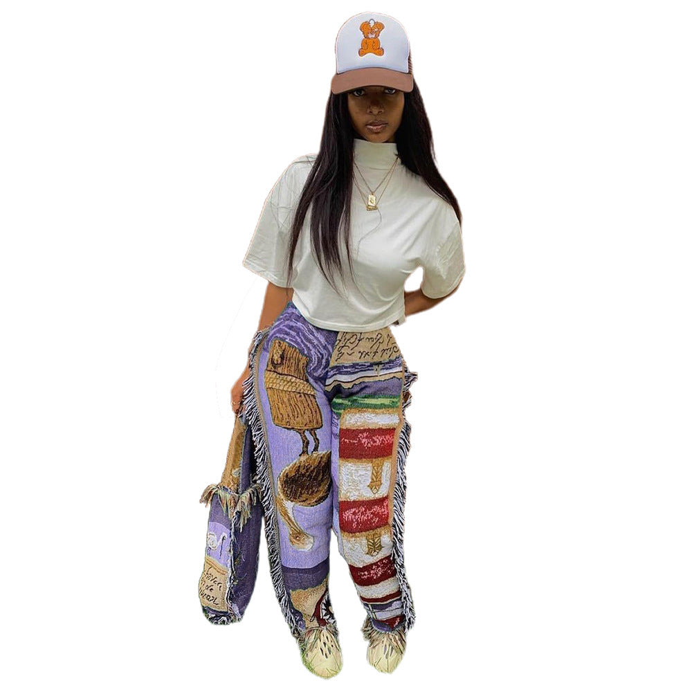 Fashion Loose Color Pattern Tassel Women's Trousers