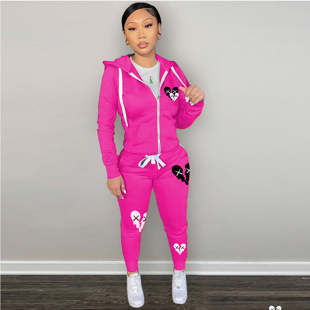 Zipper Printed Casual Hooded Sweater Set