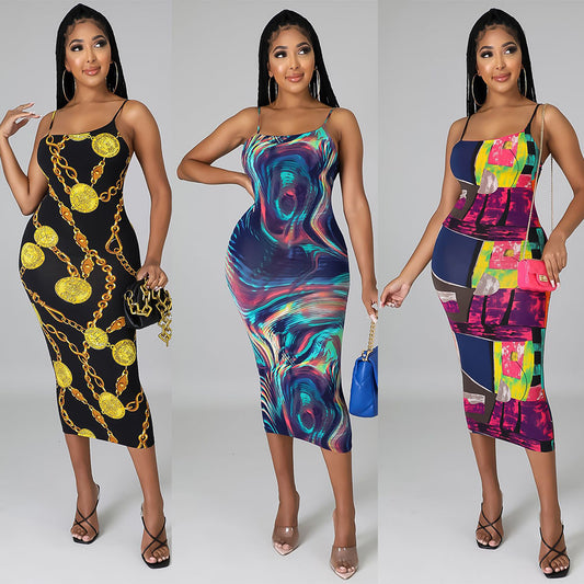 Fashion Sexy Digital Print Suspender Dress