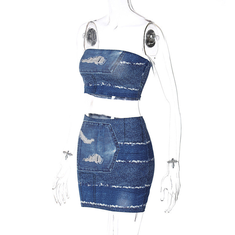 Imitation Denim Printed Small Wrap Chest And Buttocks Skirt Set