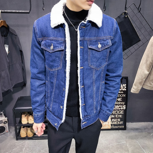 Plush Thick Denim Jacket Male Lamb Wool Denim Cotton Jacket Plus Size
