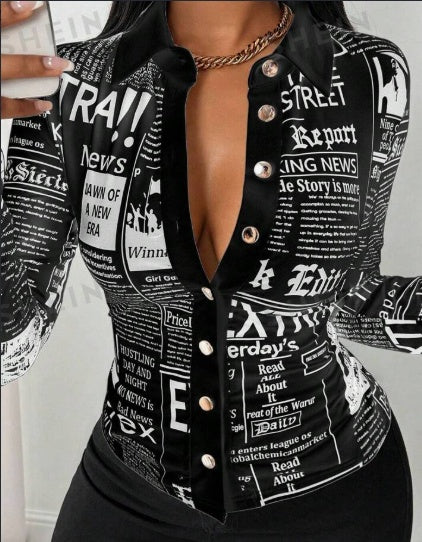 Women's Casual Daily Full Print Front Button Long Sleeve Shirt ShopWithASmile.com