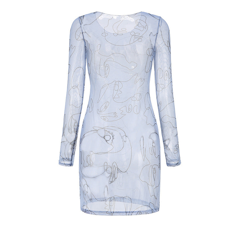Women's Round Neck Long Sleeve Art Graffiti Slim Dress