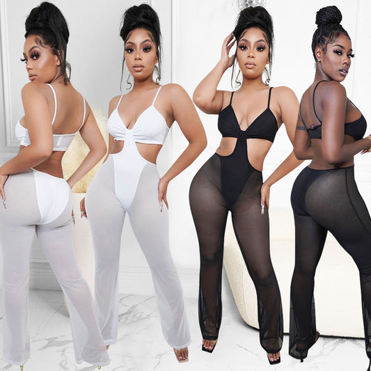 Sexy Mesh See-Through Suspenders Flared Pants