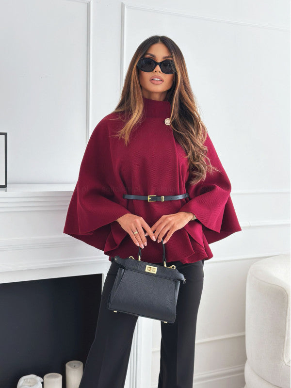 New Stand Collar Batwing Sleeves Cloak Top With Belt Ins Fashion Temperament Jacket Woolen Sweater Outwear For Women Clothing My Store