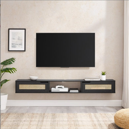 Modern Rattan-Door Floating TV Stand For TVs Up To 80 Inches