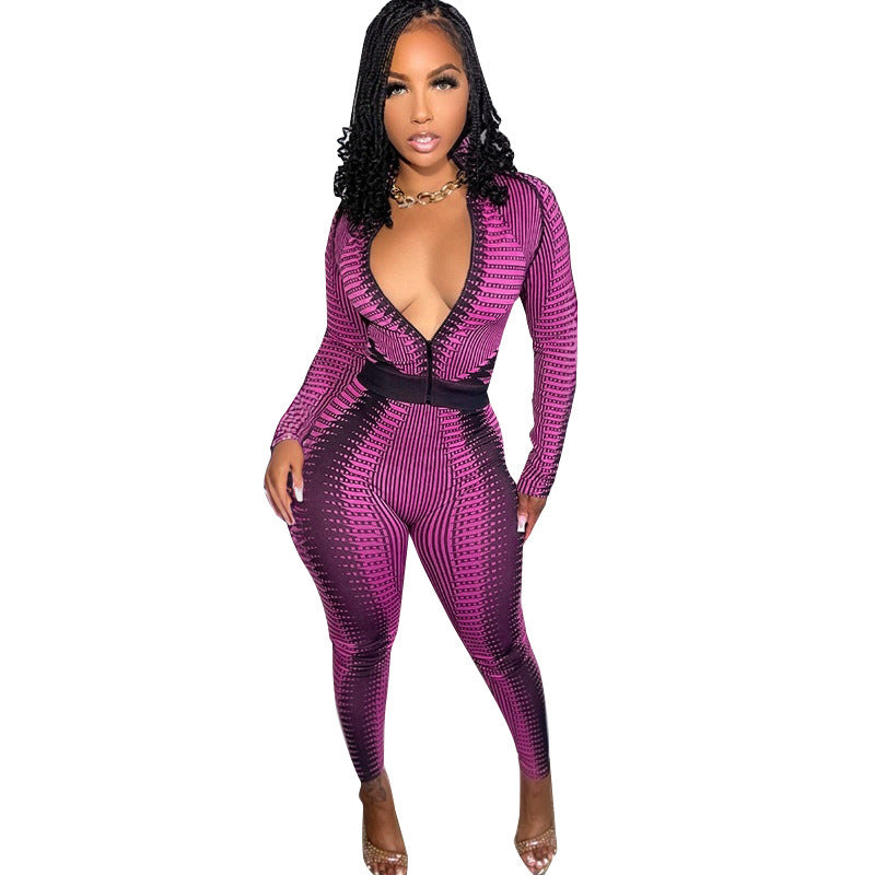 Fashion Long Sleeve Striped Printed High Waist Suit Women