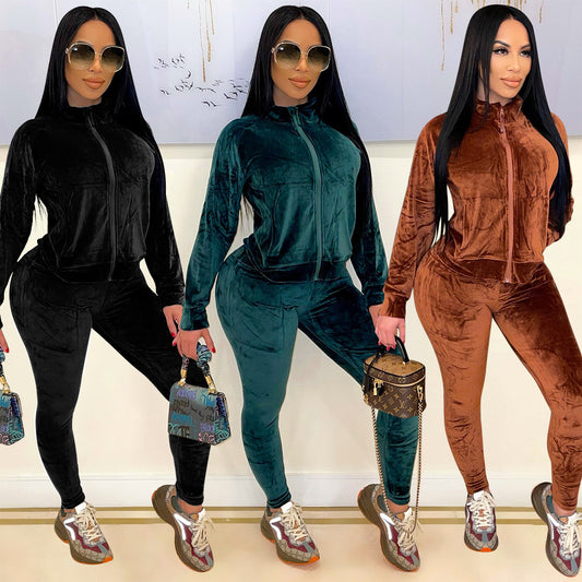 Fashion Sports And Leisure Solid Color Gold Velvet Long-Sleeved Women Pants Suit