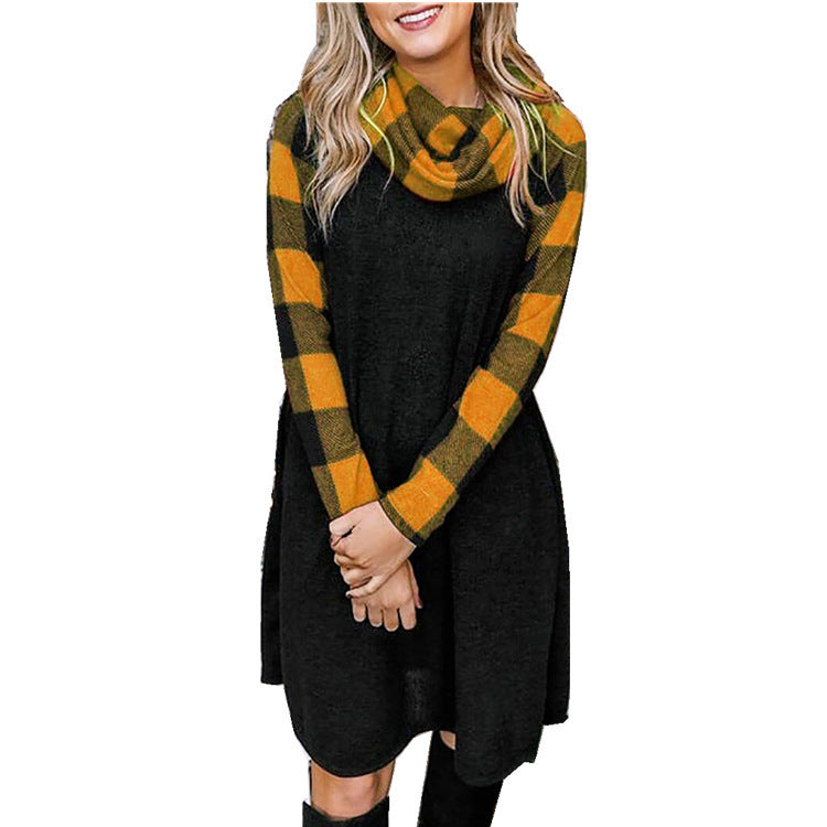 Check Print Panel Long Sleeve Dress