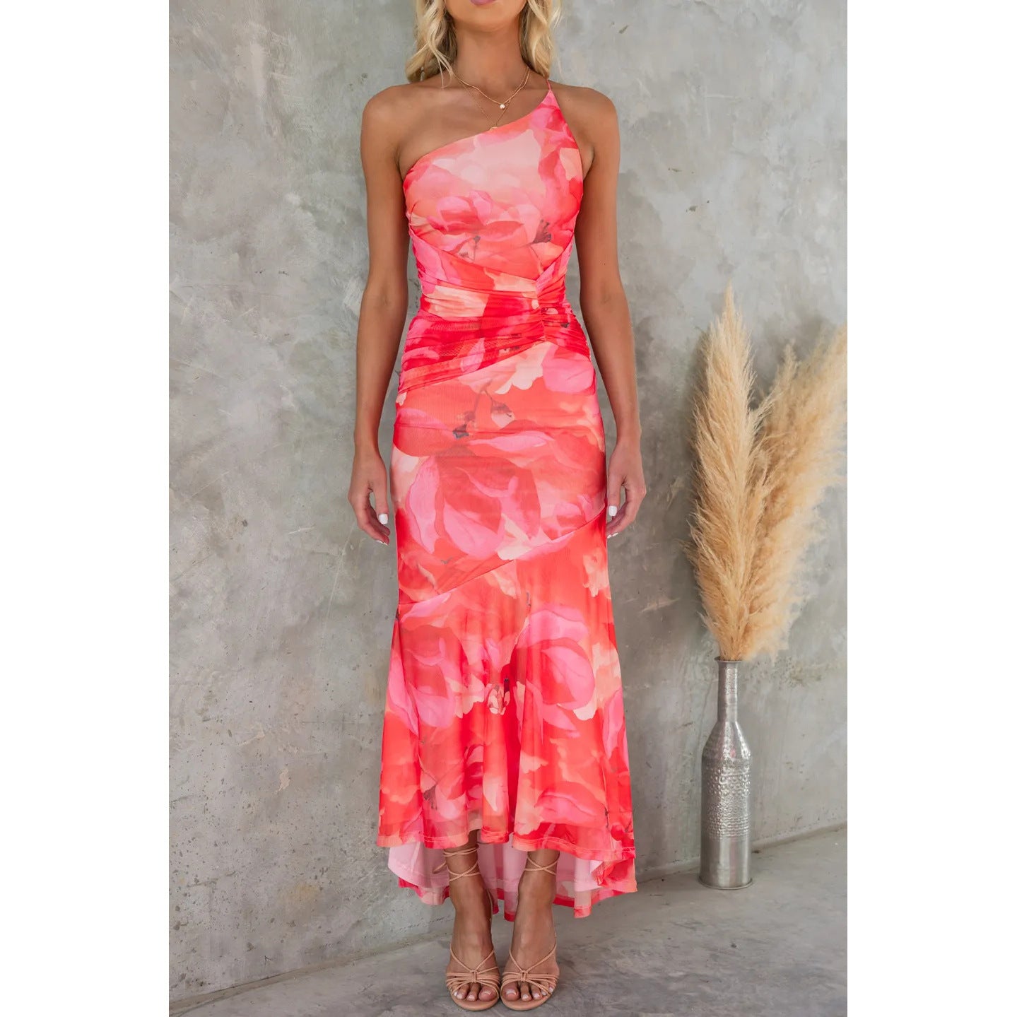 Flowers Print One-shoulder Dress Summer INS Casual Suspender Long Dresses Womens Clothing ShopWithASmile7.com