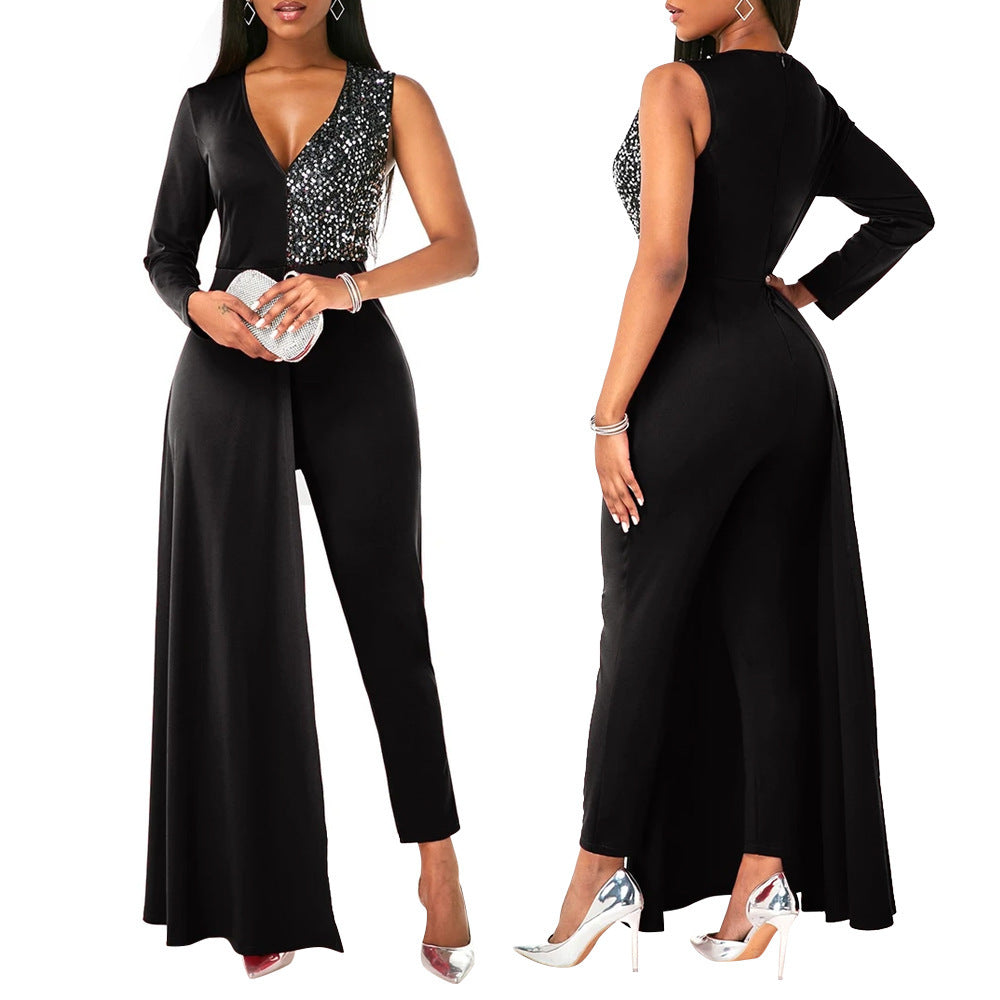 V-neck Sequin Covered Hip Plus Size Jumpsuit ShopWithASmile7.com