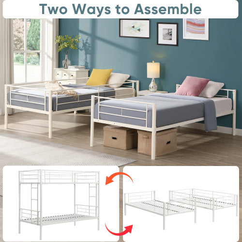 Twin Over Twin Metal Bunk Bed,Metal Structure Bedframe With Safety Guardrails And 2 Ladders,Convertible Bunkbeds,No Spring Box Required And Space Saving Design,White ShopWithASmile7.com