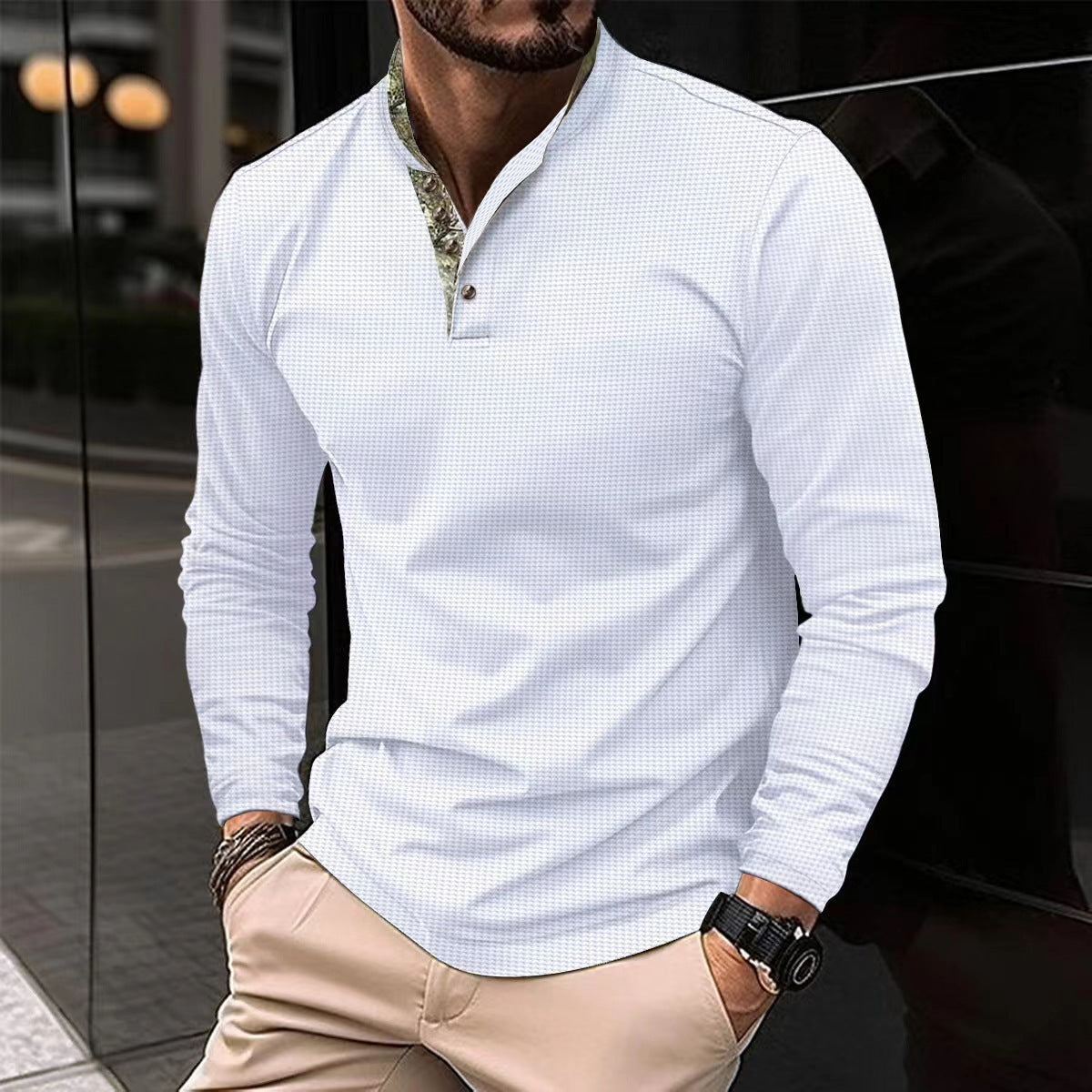 Men's Double Layer Lapel Polo Shirt Fashion Waffle Long-sleeved Tops Clothing ShopWithASmile7.com