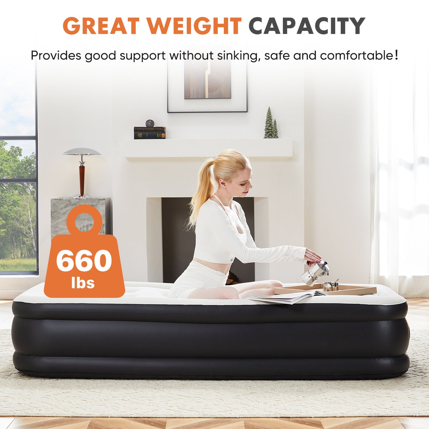 18-Inch Inflatable Mattress Air Bed with Built-In Pump – Twin & Queen Sizes, Comfortable Flocking Top, Portable & Durable for Camping, Travel, or Home Use