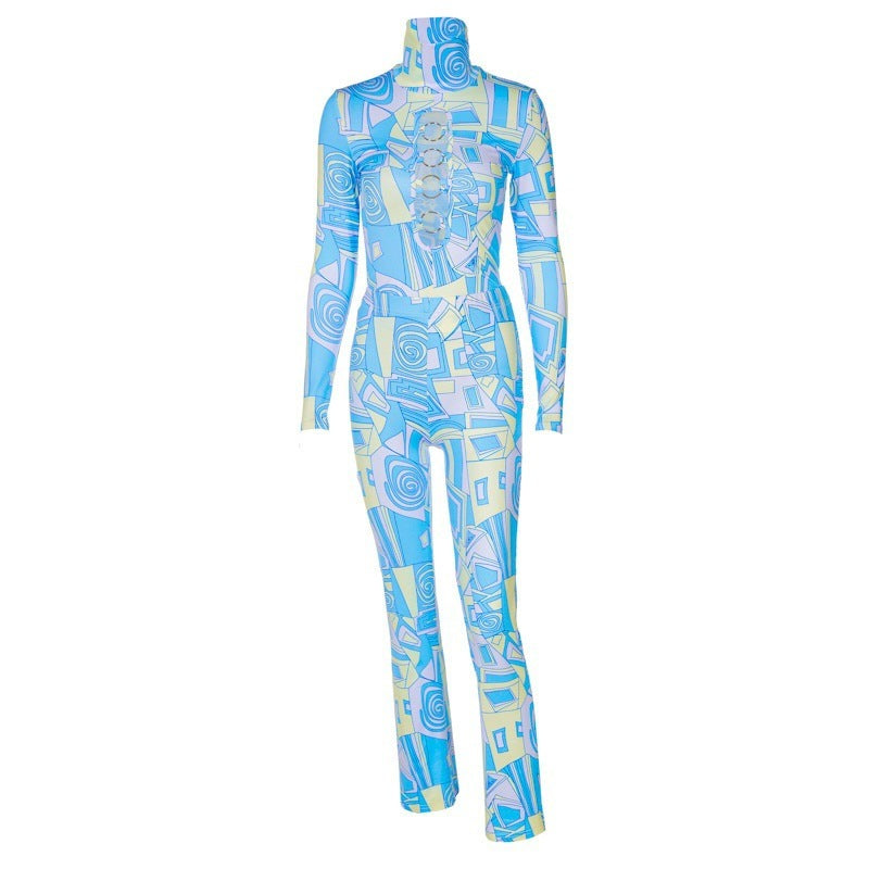 Printed Hollow Long Sleeved Top Slim Trousers Suit