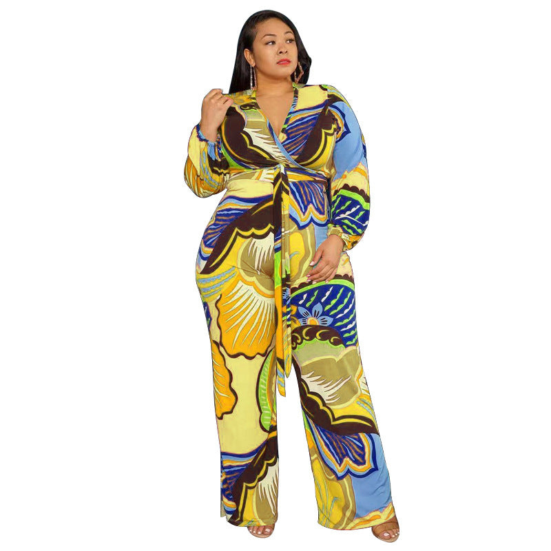 Women's Fashion Deep V-neck Loose Fitting Jumpsuit With Belt