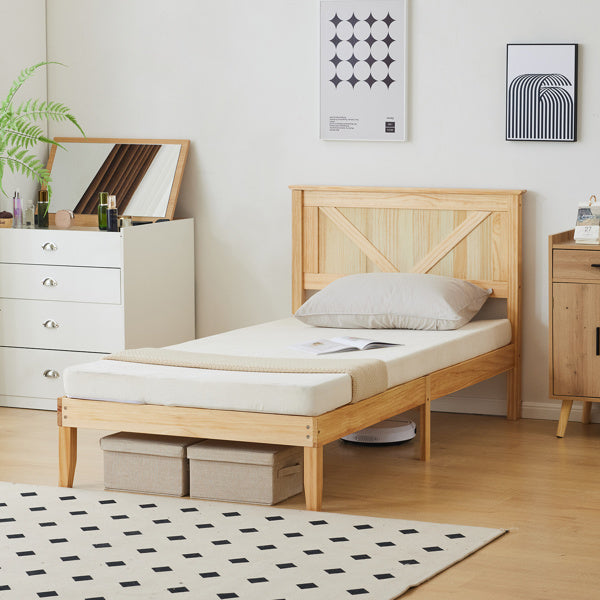 Slanted Headboard, No Footrest, Twin Wooden Bed In Natural Wood Color