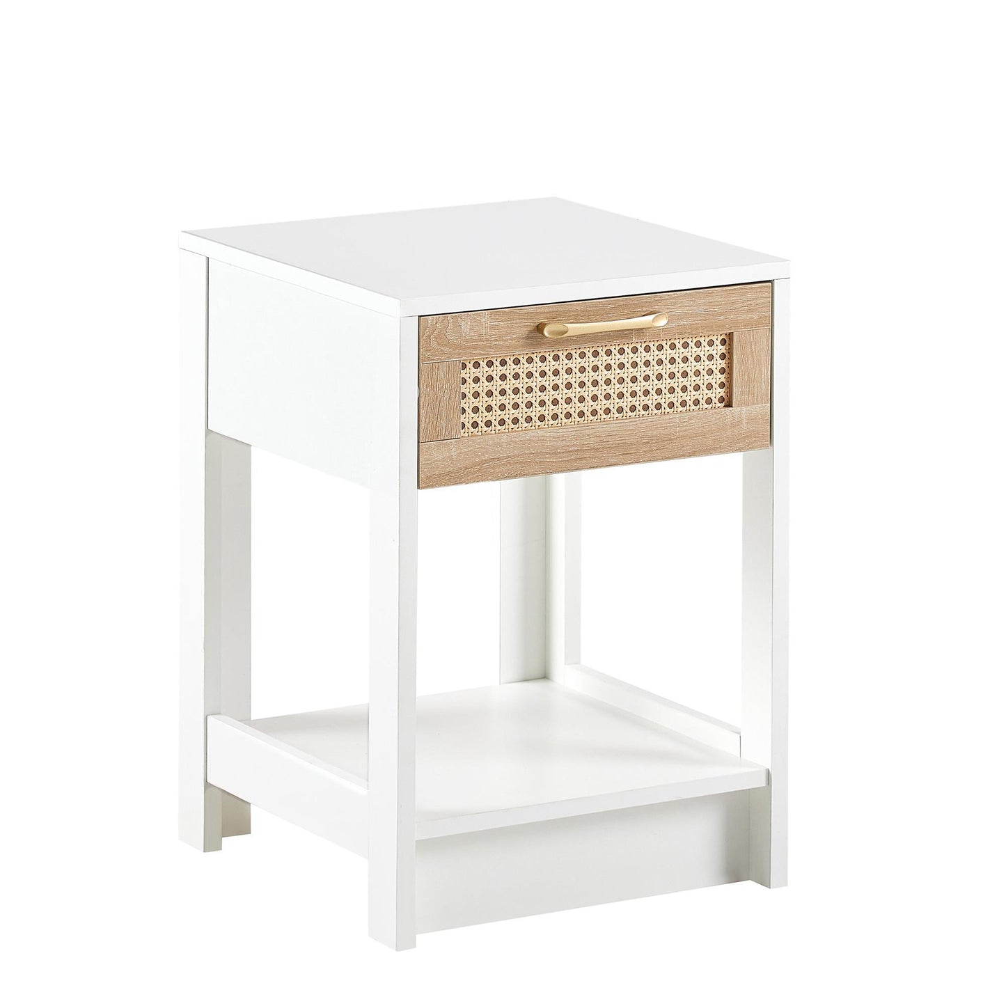15.75-Inch Rattan Side Table with Drawers – Modern Bedside Table for Living Room or Bedroom, White