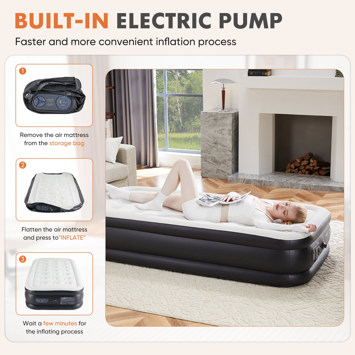 18-Inch Inflatable Mattress Air Bed with Built-In Pump – Twin & Queen Sizes, Comfortable Flocking Top, Portable & Durable for Camping, Travel, or Home Use