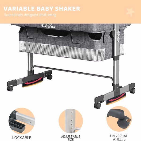 3-in-1 Bedside Crib With Mosquito Net, Large Storage Bag, Comfortable Mattress With Lockable Wheels, Grey ShopWithASmile7.com