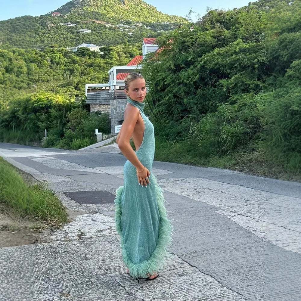 European And American Party Halter Dress Feather Stitching Vacation Style