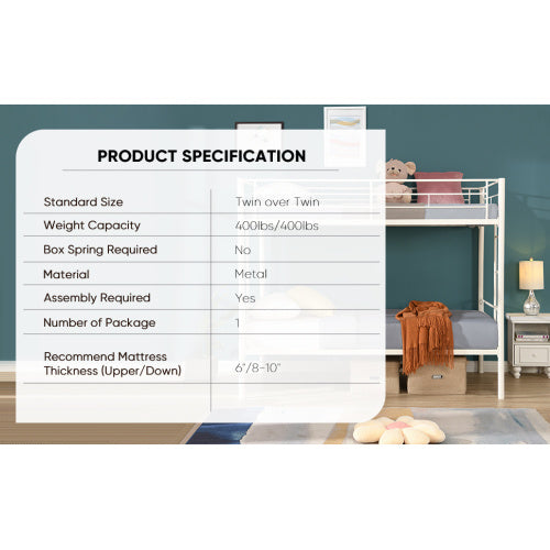 Twin Over Twin Metal Bunk Bed,Metal Structure Bedframe With Safety Guardrails And 2 Ladders,Convertible Bunkbeds,No Spring Box Required And Space Saving Design,White ShopWithASmile7.com