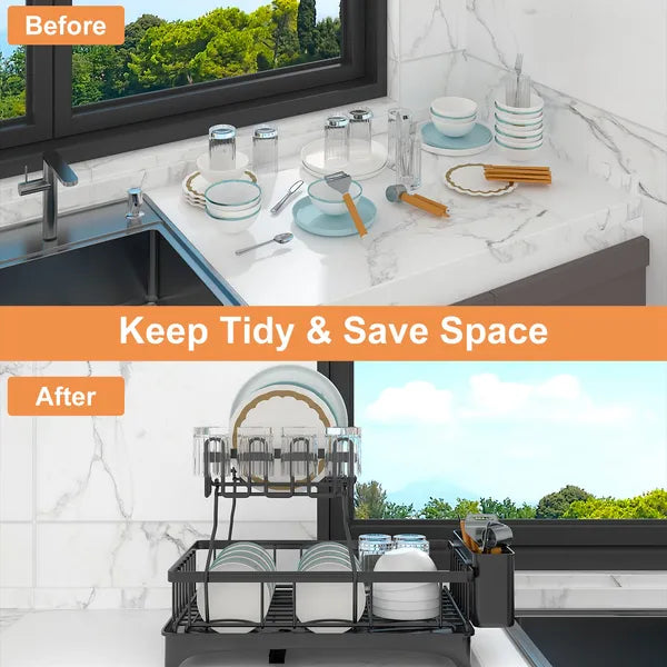 Dish Drying Rack With Drainboard Detachable 2-Tier Dish Rack Drainer Organizer Set With Utensil Holder Cup Rack Swivel Spout For Kitchen Counter