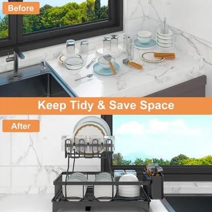 Dish Drying Rack With Drainboard Detachable 2-Tier Dish Rack Drainer Organizer Set With Utensil Holder Cup Rack Swivel Spout For Kitchen Counter