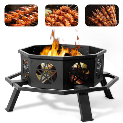 Large 35” Octagonal Fire Pit – Black Wrought Iron, Pentagram Cutouts, Foot Pedal Safety Ring