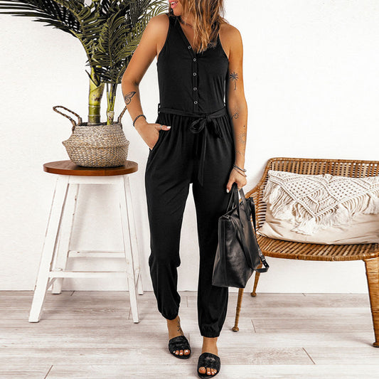 Women's Summer Sleeveless Solid Color V-Neck Waist Tie Jumpsuit