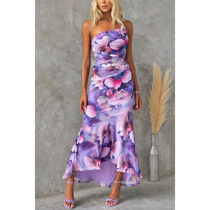 Flowers Print One-shoulder Dress Summer INS Casual Suspender Long Dresses Womens Clothing ShopWithASmile7.com