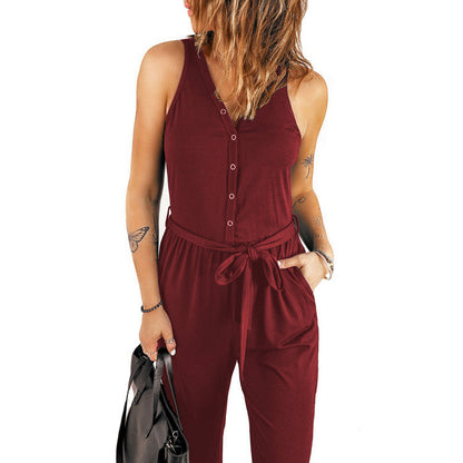 Women's Summer Sleeveless Solid Color V-Neck Waist Tie Jumpsuit