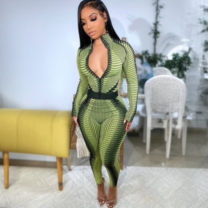Fashion Long Sleeve Striped Printed High Waist Suit Women