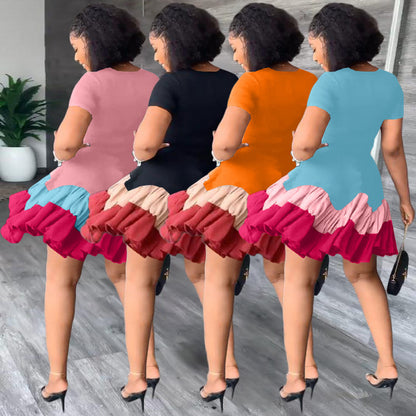 European And American Women's Clothing Summer Color Block Short Sleeve Pleated Dress