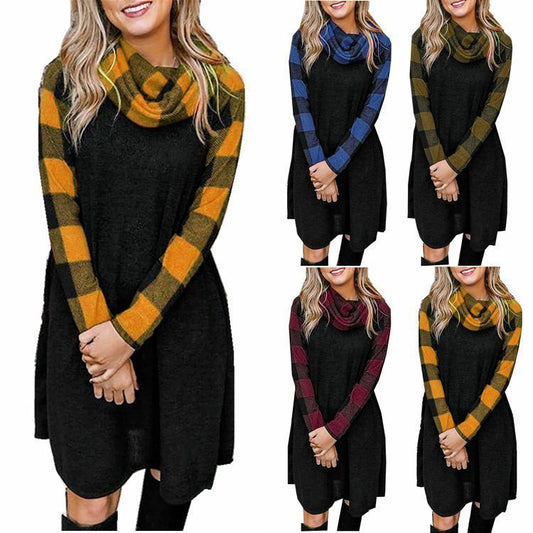 Check Print Panel Long Sleeve Dress