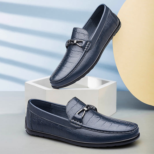 Round Toe Embossed Casual Leather Shoes Flat Heel